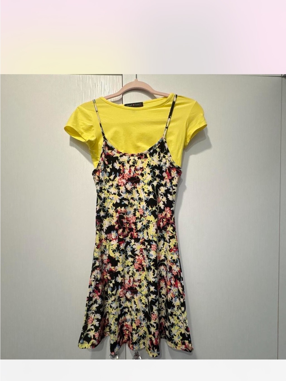 Derek Heart Black Floral Slip Dress with Yellow Tee